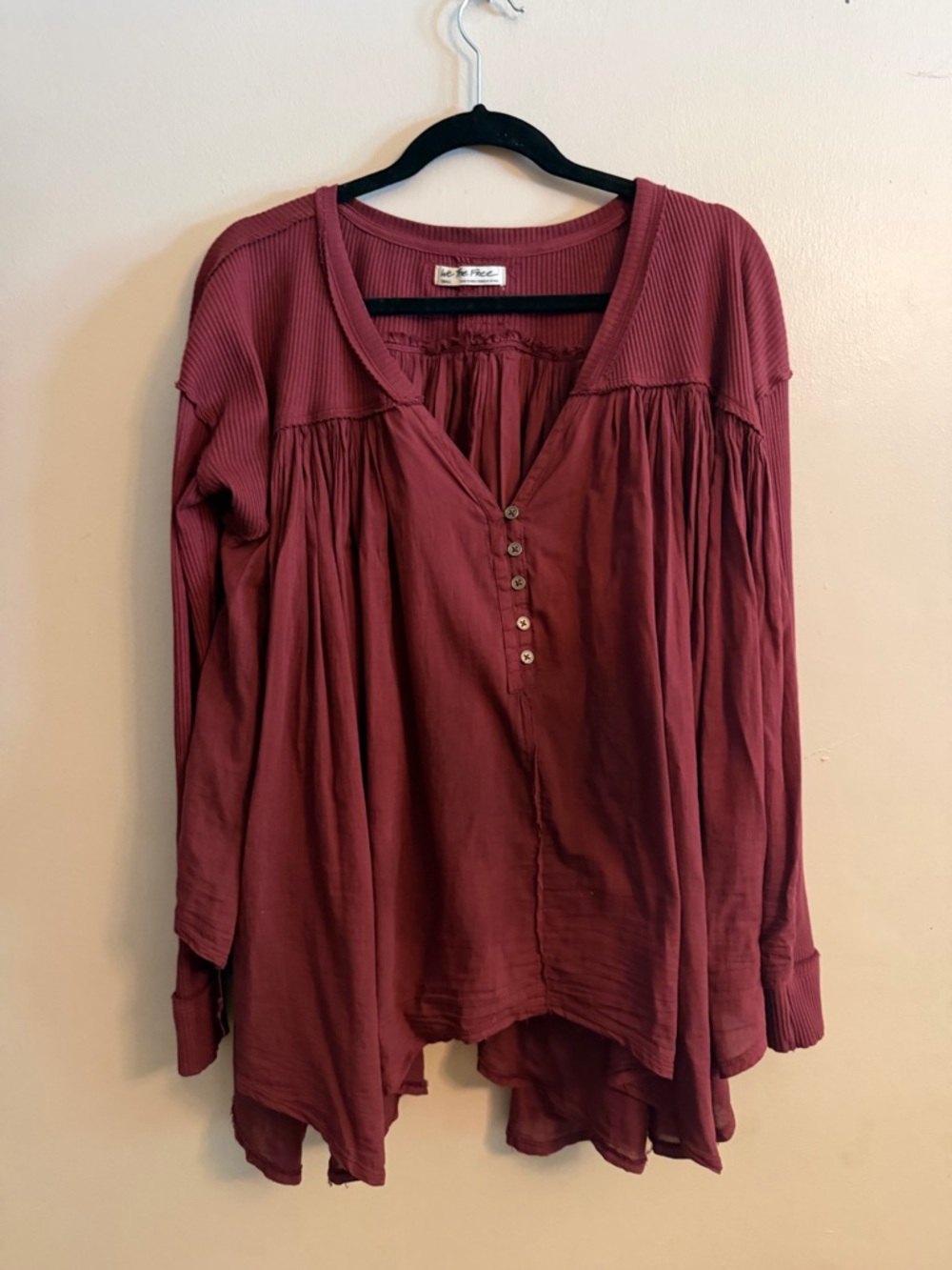 We The Free Oversized V-Neck Button Tunic in Burgundy